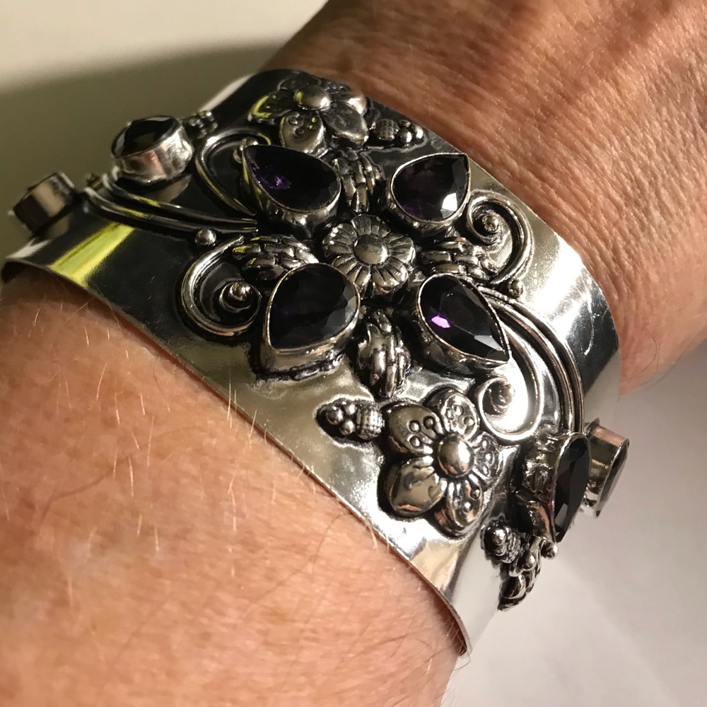 Amethyst Stamped 925 Sterling Silver Cuff Bracelet